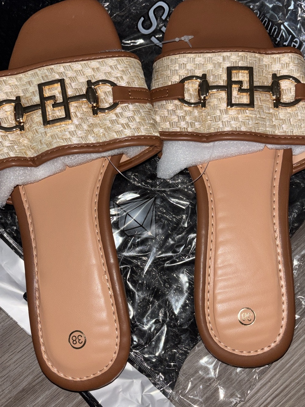 Tan Woven Slide Mules with Gold Chain Accent - Women's Slip-On